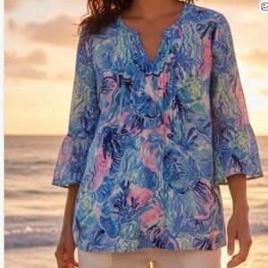Lilly Pulitzer Hollie Linen Tunic Saltwater Blue Shade Seekers Size Small/ NWT